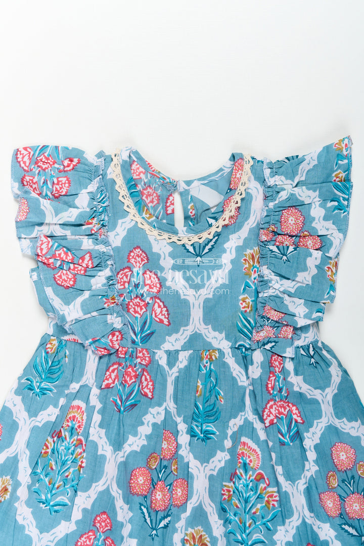 The Nesavu Girls Cotton Frock Girls Cotton Function Wear Frocks with Puff Sleeves and Classic Floral Digital Print in Teal Blue Nesavu Girls Cotton Function Wear Frocks Puff Sleeves Teal Blue Floral Print | The Nesavu