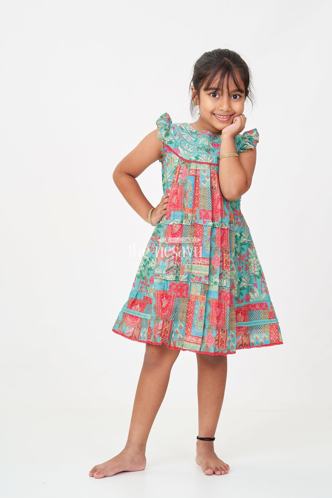 The Nesavu Girls Cotton Frock Girls Cotton Green Frock with Ruffled Sleeves and Printed Panels in Green Color Frocks Design Nesavu 22 (4Y) / Green GFC1399B-22 Nesavu Girls Green Cotton Frock Digital Prints Ruffled Sleeves Ethnic Frocks Design