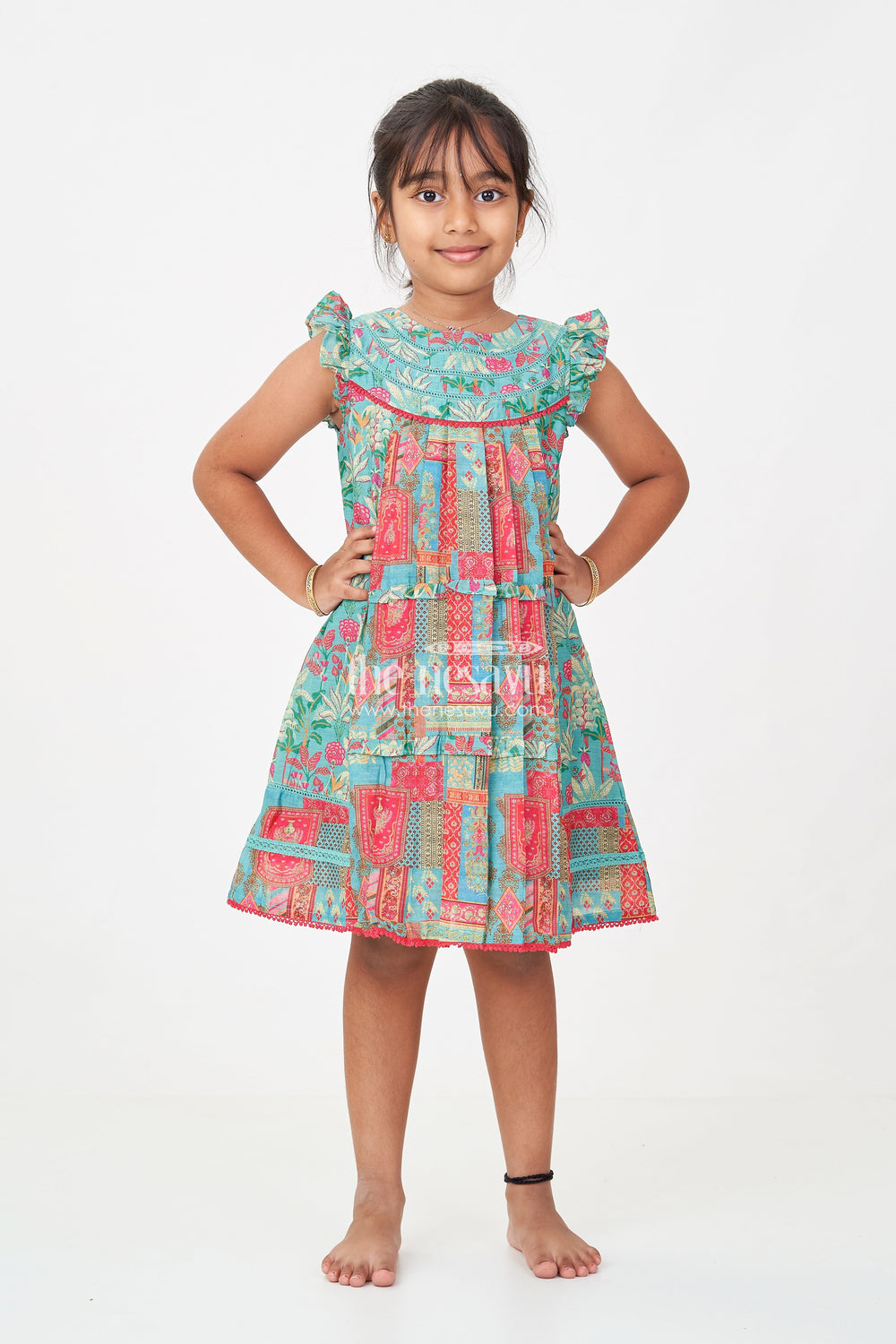 The Nesavu Girls Cotton Frock Girls Cotton Green Frock with Ruffled Sleeves and Printed Panels in Green Color Frocks Design Nesavu Nesavu Girls Green Cotton Frock Digital Prints Ruffled Sleeves Ethnic Frocks Design