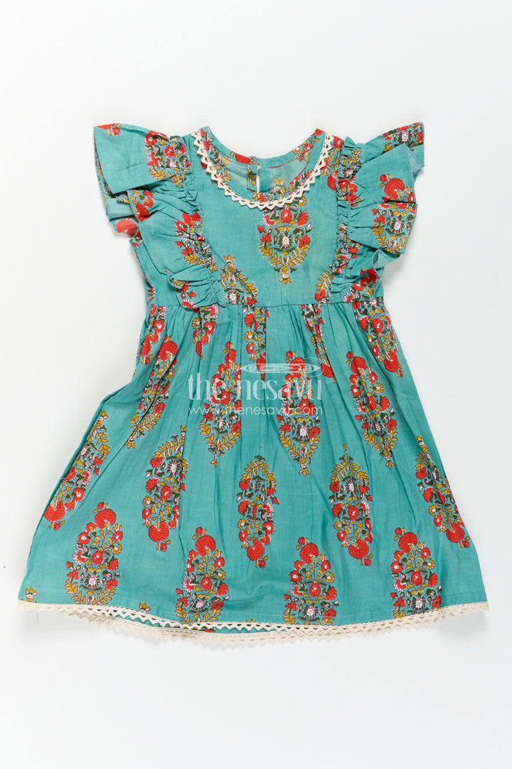 The Nesavu Girls Cotton Frock Girls Cotton Infants Frocks in Traditional Floral Design with Puff Sleeves and Lace Trim Nesavu 16 (1Y) / Green GFC1748A-16 Traditional Style Infants Frocks Cotton Floral Print Puff Sleeves | The Nesavu