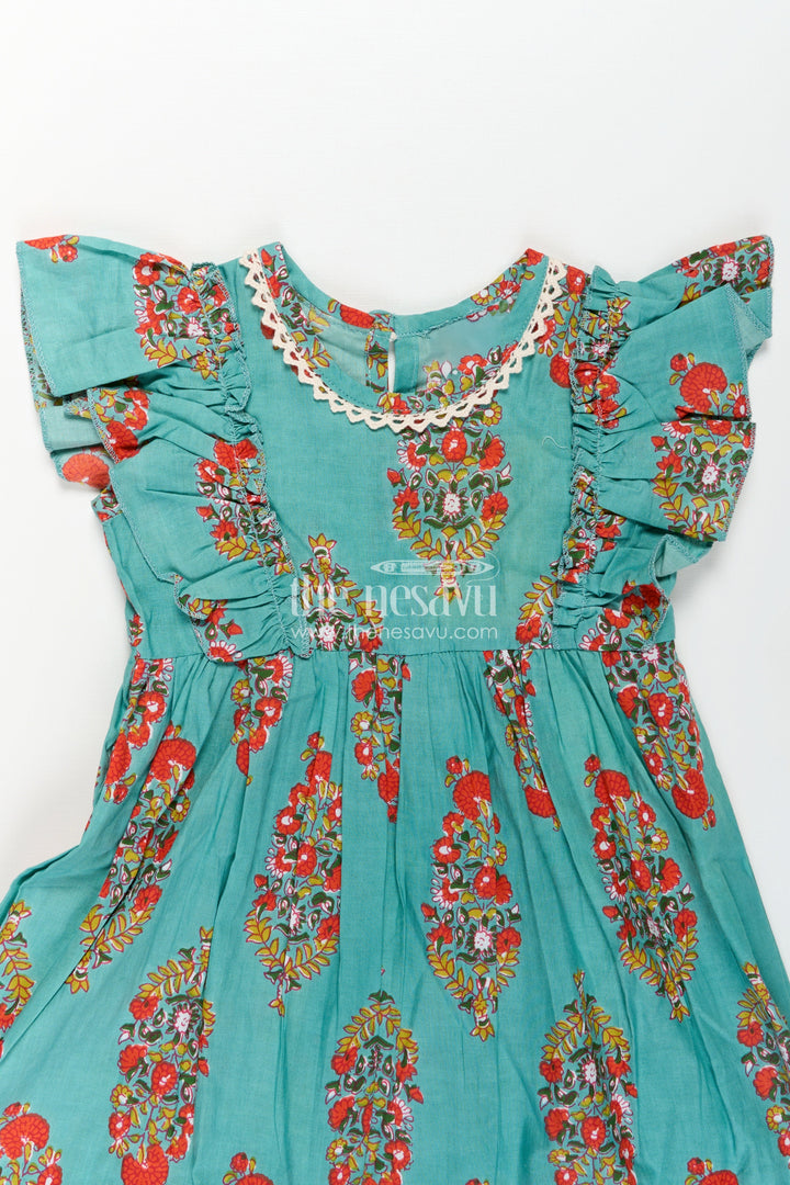 The Nesavu Girls Cotton Frock Girls Cotton Infants Frocks in Traditional Floral Design with Puff Sleeves and Lace Trim Nesavu Traditional Style Infants Frocks Cotton Floral Print Puff Sleeves | The Nesavu