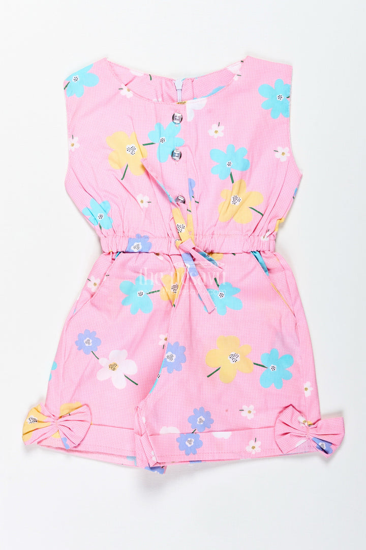 The Nesavu Girls Jumpsuit Girls Cotton Jumpsuit with Floral Prints and Bow Headband for Summer Playdates Nesavu 20 (3Y) / pink BFJ840A-20 Nesavu Girls Floral Cotton Jumpsuit Headband Playful Pink Summer Outfit Toddlers