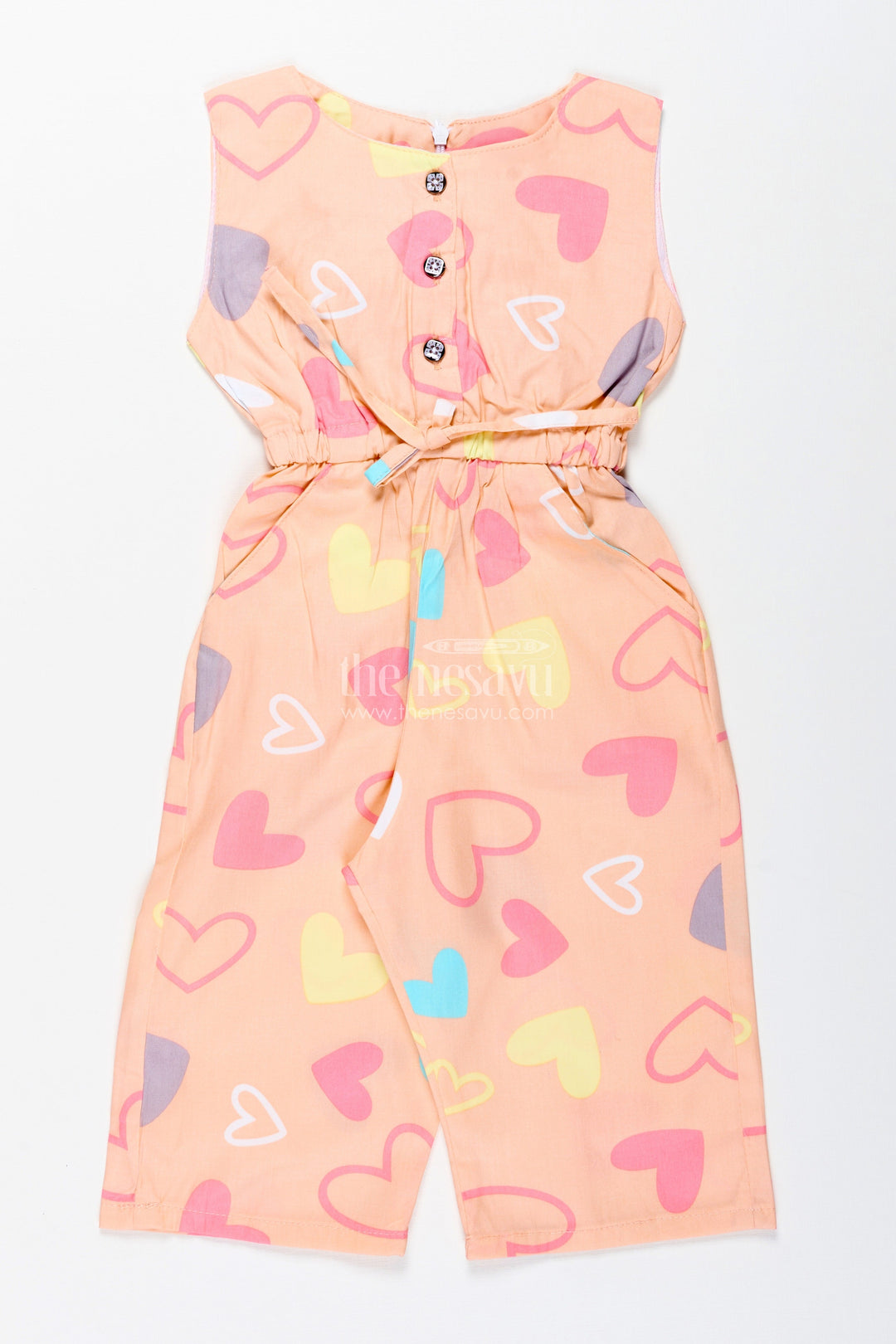 The Nesavu Girls Jumpsuit Girls Cotton Jumpsuit with Heart Print for Summer Fun and Travel Nesavu 20 (3Y) / Orange GFC1894A-20 Nesavu Girls Cotton Jumpsuit Heart Print Summer Outfit Matching Headband