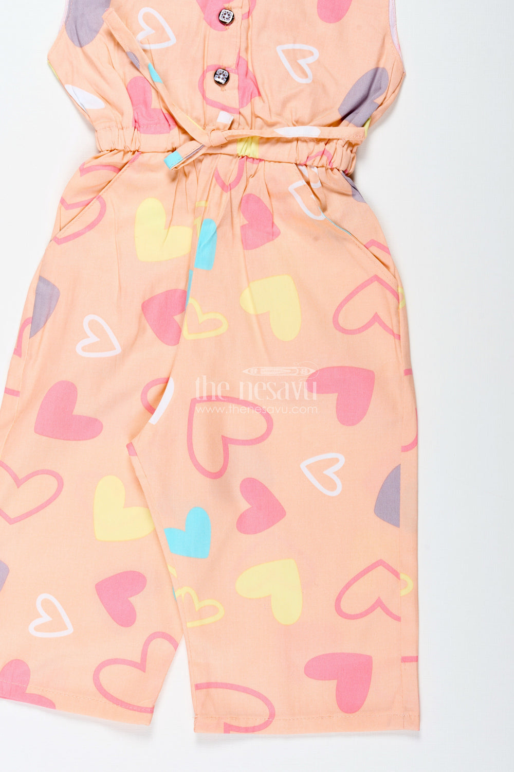 The Nesavu Girls Jumpsuit Girls Cotton Jumpsuit with Heart Print for Summer Fun and Travel Nesavu Nesavu Girls Cotton Jumpsuit Heart Print Summer Outfit Matching Headband