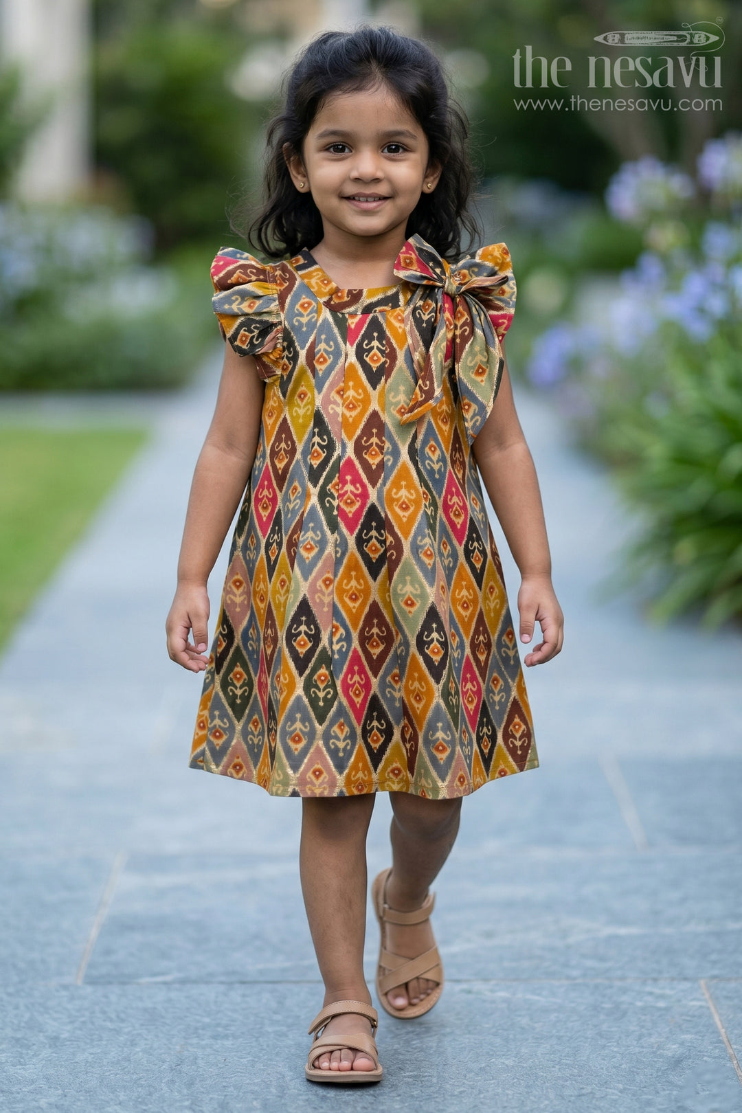 The Nesavu Girls Cotton Frock Girls Cotton Knee-Length Frock in Muslin Silk with Traditional Ikat Print Nesavu 16 (1Y) / Multicolor GFC1609A-16 Girls Cotton Knee-Length Frock Muslin Silk Traditional Ikat Print | The Nesavu