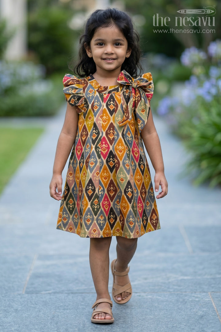 The Nesavu Girls Cotton Frock Girls Cotton Knee-Length Frock in Muslin Silk with Traditional Ikat Print Nesavu 16 (1Y) / Multicolor GFC1609A-16 Girls Cotton Knee-Length Frock Muslin Silk Traditional Ikat Print | The Nesavu