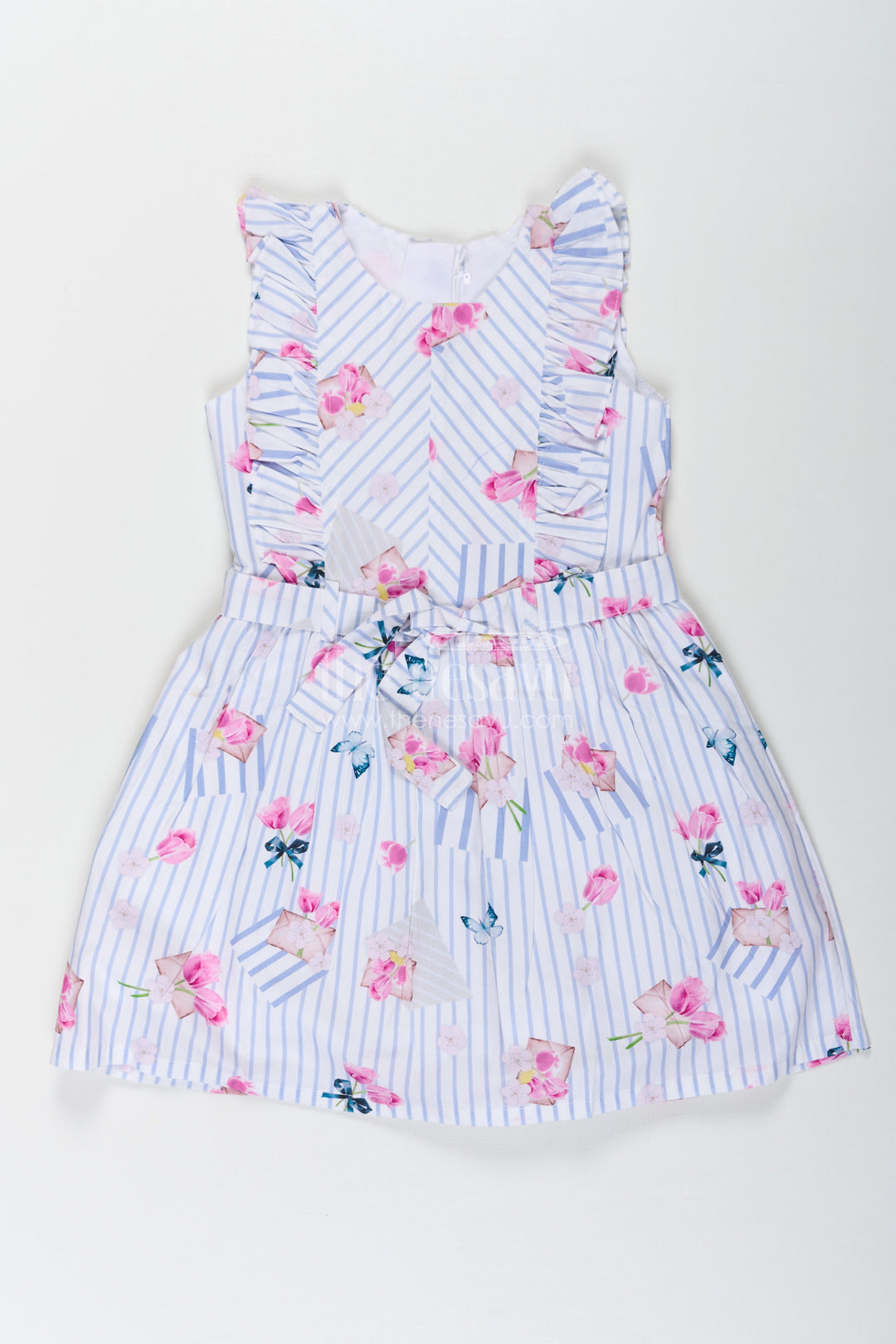 The Nesavu Girls Cotton Frock Girls Cotton Knee Length Frock with Striped Floral Print and Decorative Front Ruffles Nesavu 20 (3Y) / Blue GFC1658A-20 Girls Cotton Frock Floral Stripes Ruffle Detail Knee Length Style | The Nesavu