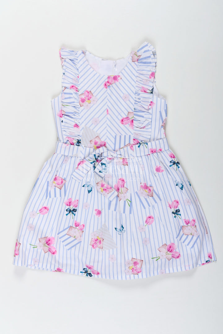 The Nesavu Girls Cotton Frock Girls Cotton Knee Length Frock with Striped Floral Print and Decorative Front Ruffles Nesavu 20 (3Y) / Blue GFC1658A-20 Girls Cotton Frock Floral Stripes Ruffle Detail Knee Length Style | The Nesavu