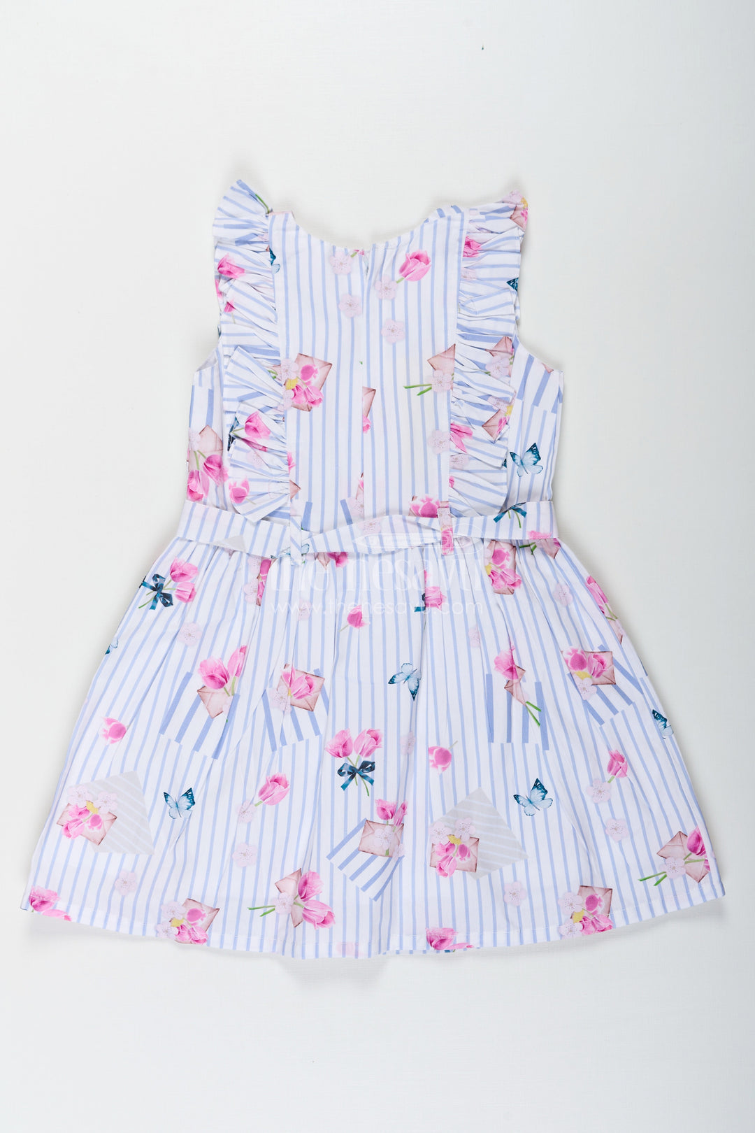 The Nesavu Girls Cotton Frock Girls Cotton Knee Length Frock with Striped Floral Print and Decorative Front Ruffles Nesavu Nesavu Girls Cotton Frock Floral Stripes Ruffle Detail Knee Length Style