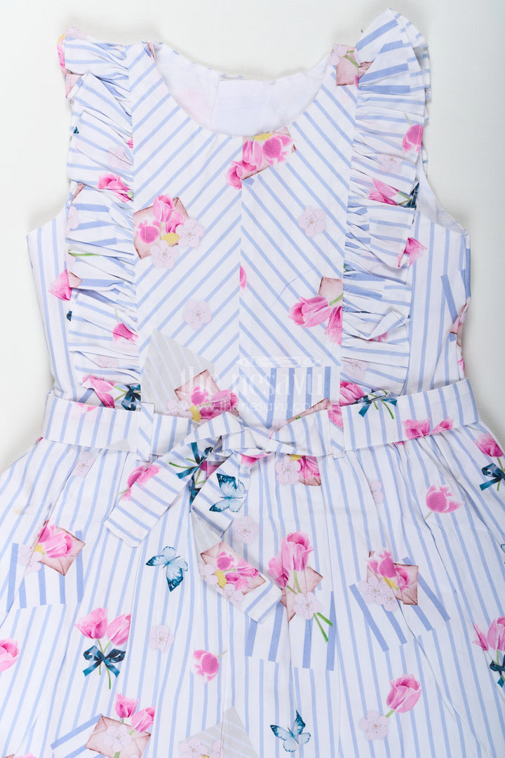 The Nesavu Girls Cotton Frock Girls Cotton Knee Length Frock with Striped Floral Print and Decorative Front Ruffles Nesavu Nesavu Girls Cotton Frock Floral Stripes Ruffle Detail Knee Length Style