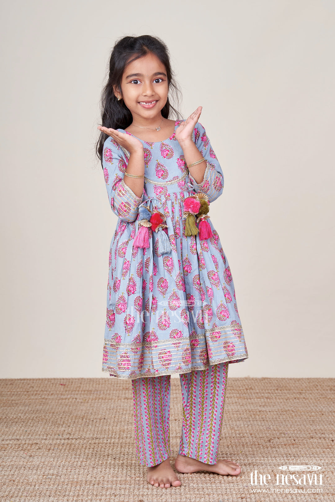 The Nesavu Girls Sharara / Plazo Set Girls Cotton Kurti Set with Floral Block Print and Festive Tassels Nesavu 16 (1Y) / Blue GPS841A-16 Nesavu girls cotton kurti set floral block print striped plazo  festive ethnic outfit