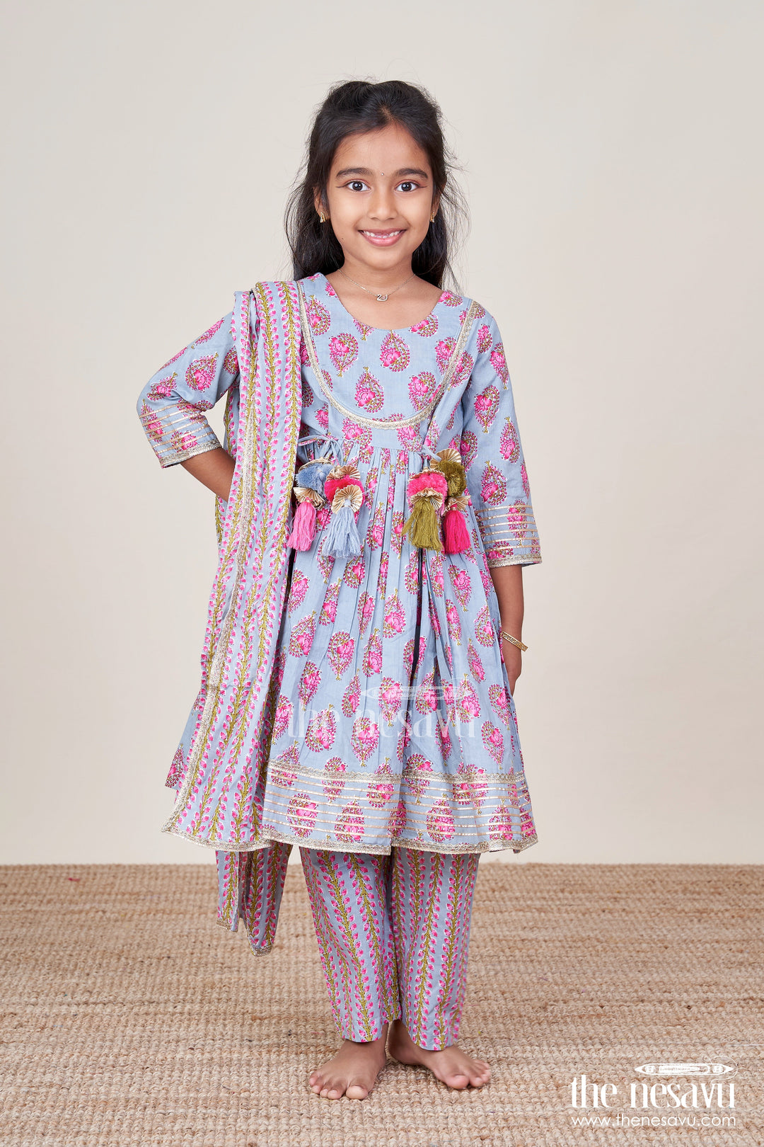The Nesavu Girls Sharara / Plazo Set Girls Cotton Kurti Set with Floral Block Print and Festive Tassels Nesavu Nesavu girls cotton kurti set floral block print striped plazo  festive ethnic outfit