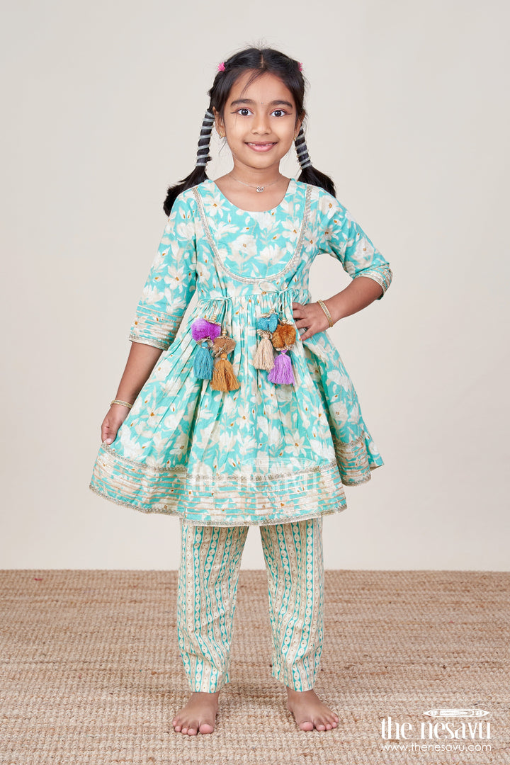 The Nesavu Girls Sharara / Plazo Set Girls Cotton Kurti Set with Floral Block Print and Striped Plazo Nesavu 16 (1Y) / Green GPS840A-16 Nesavu girls cotton ethnic kurti set floral stripe print  festive fun plazo outfit
