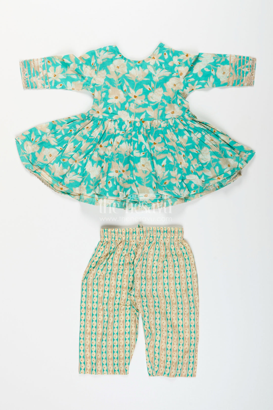 The Nesavu Girls Sharara / Plazo Set Girls cotton kurti set with floral block print and striped plazo Nesavu Nesavu girls cotton ethnic kurti set floral stripe print  festive fun plazo outfit