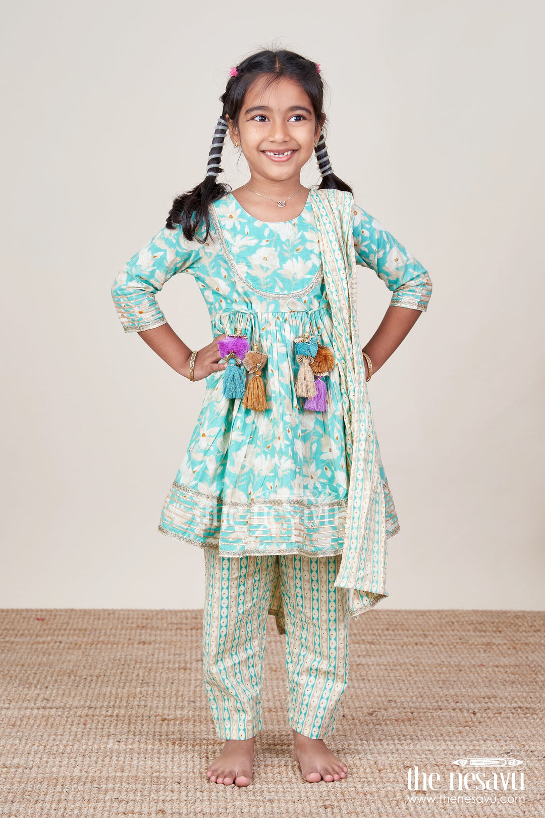 The Nesavu Girls Sharara / Plazo Set Girls Cotton Kurti Set with Floral Block Print and Striped Plazo Nesavu Nesavu girls cotton ethnic kurti set floral stripe print  festive fun plazo outfit