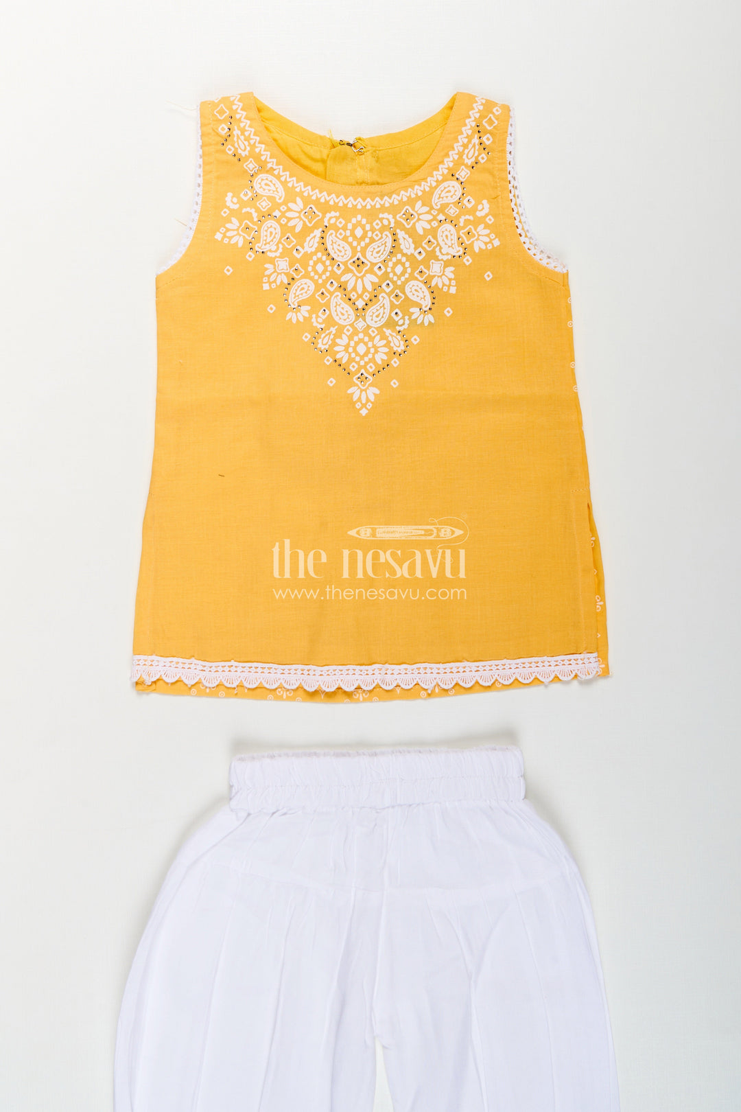 The Nesavu Girls Churidar Sets Girls Cotton Latest Chudi Set in Yellow with Stone Embellishment and Contrasting Dhoti Bottoms Nesavu Girls Yellow Cotton Chudi Set Embroidered Top White Dhoti Pants Ethnic Look | The Nesavu