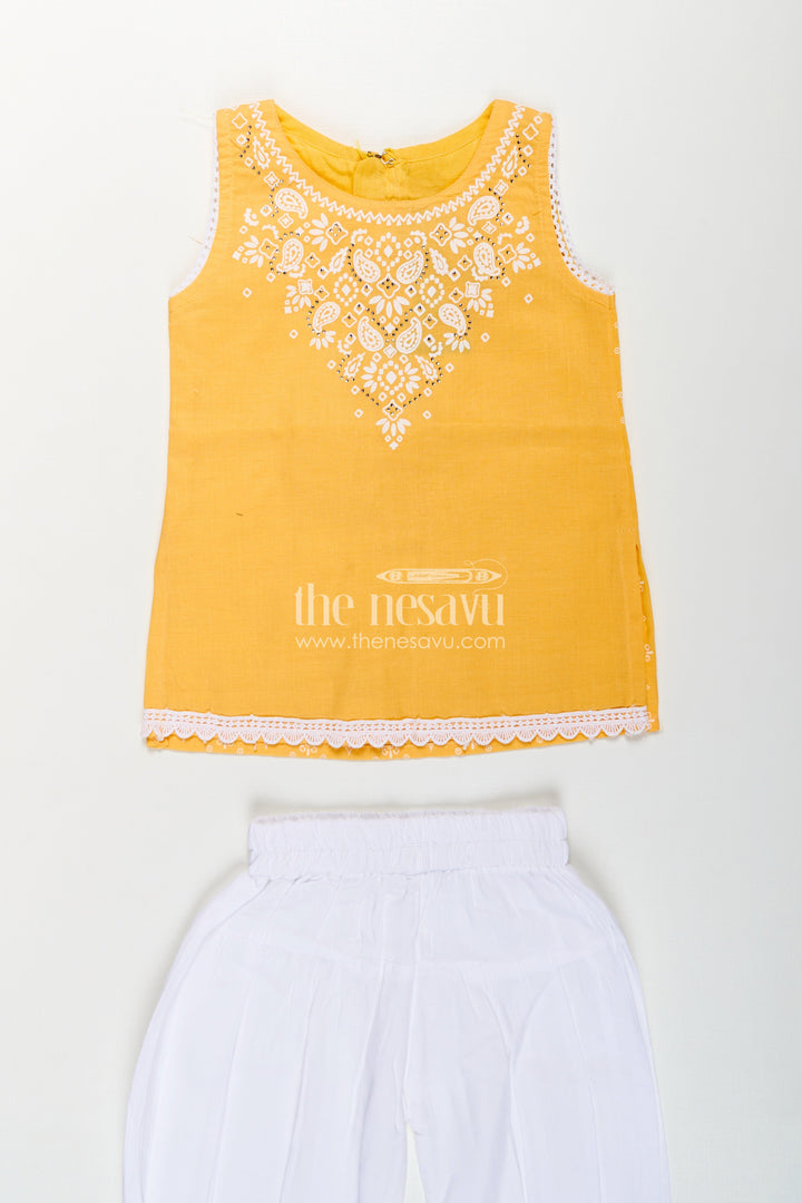 The Nesavu Girls Churidar Sets Girls Cotton Latest Chudi Set in Yellow with Stone Embellishment and Contrasting Dhoti Bottoms Nesavu Girls Yellow Cotton Chudi Set Embroidered Top White Dhoti Pants Ethnic Look | The Nesavu