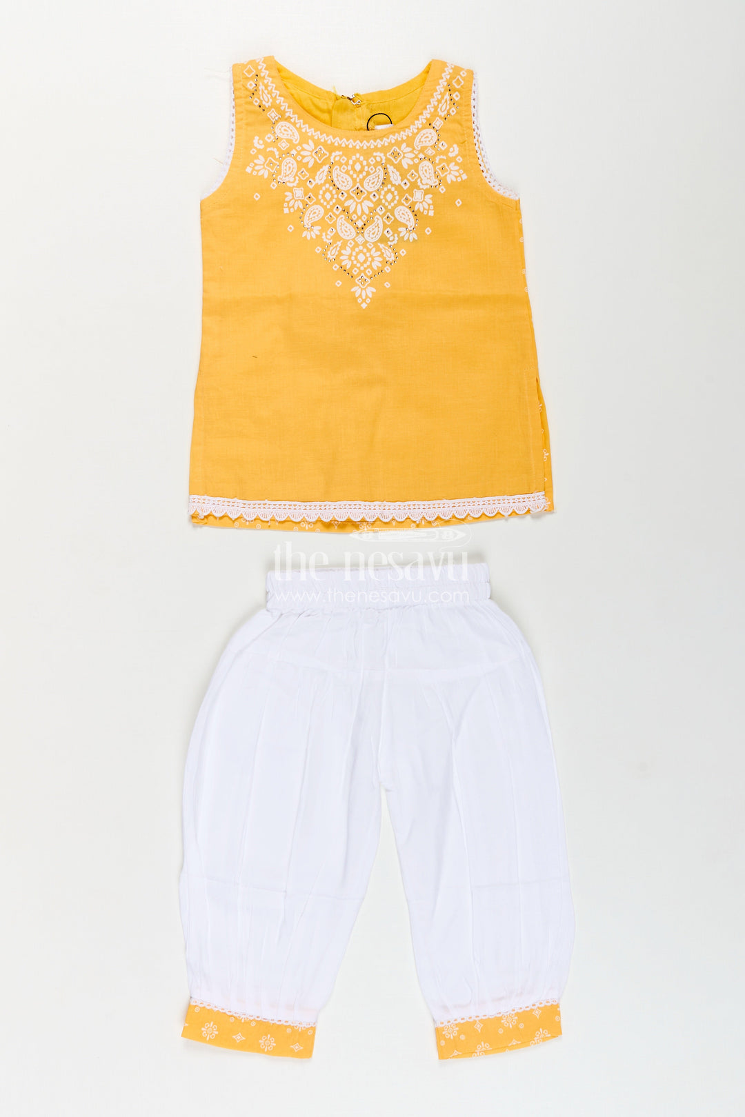The Nesavu Girls Churidar Sets Girls Cotton Latest Chudi Set in Yellow with Stone Embellishment and Contrasting Dhoti Bottoms Nesavu Girls Yellow Cotton Chudi Set Embroidered Top White Dhoti Pants Ethnic Look | The Nesavu