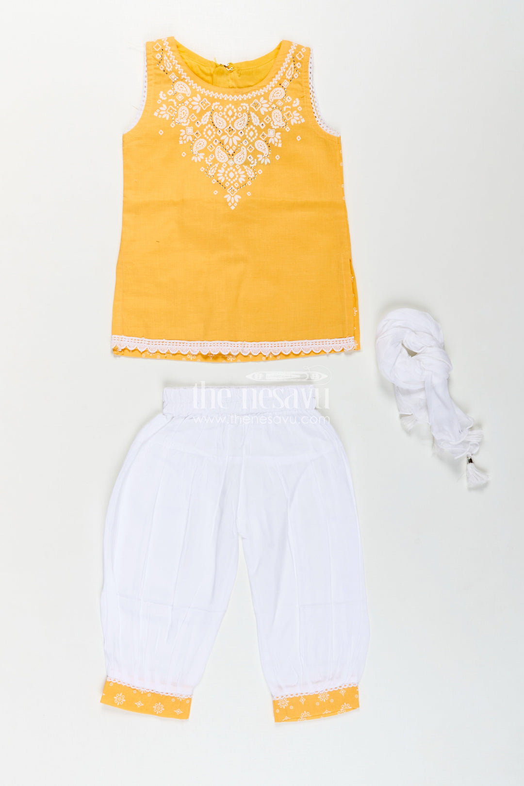 The Nesavu Girls Churidar Sets Girls Cotton Latest Chudi Set in Yellow with Stone Embellishment and Contrasting Dhoti Bottoms Nesavu Girls Yellow Cotton Chudi Set Embroidered Top White Dhoti Pants Ethnic Look | The Nesavu