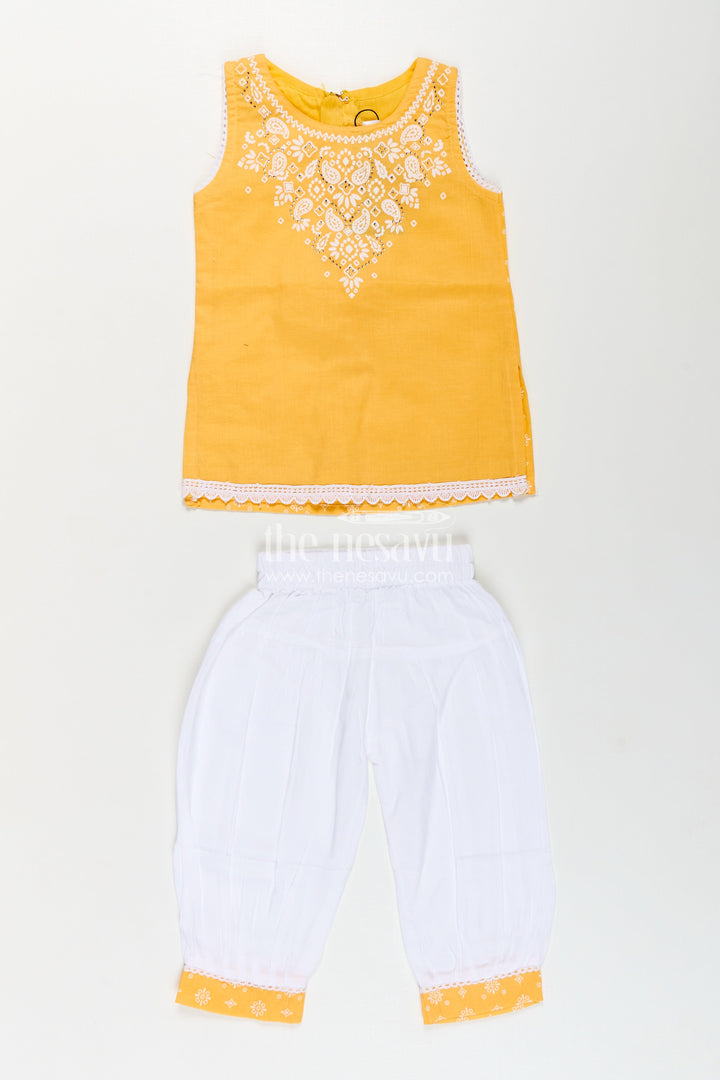 The Nesavu Girls Churidar Sets Girls Cotton Latest Chudi Set in Yellow with Stone Embellishment and Contrasting Dhoti Bottoms Nesavu Girls Yellow Cotton Chudi Set Embroidered Top White Dhoti Pants Ethnic Look | The Nesavu