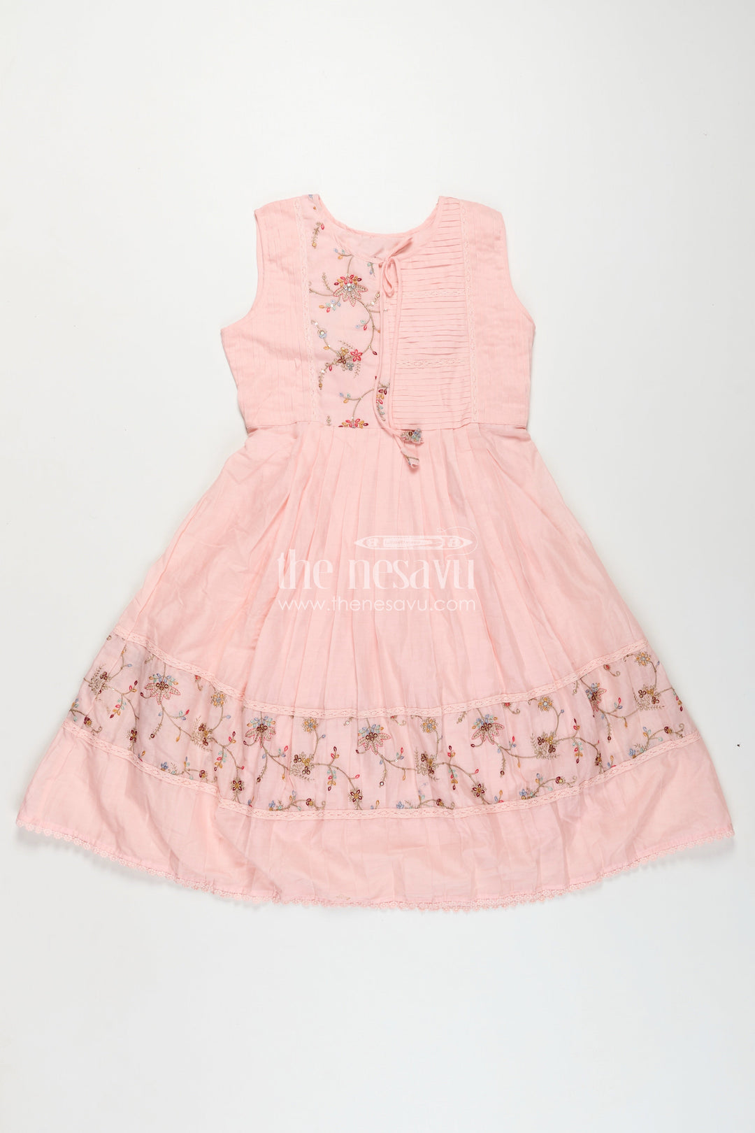 The Nesavu Girls Cotton Frock Girls Cotton Latest Designer Frock in Blush Pink with Pintucks and Thread Embroidery Yoke Nesavu 34 (10Y) / Pink GFC1715A-34 Girls Latest Designer Frock in Soft Cotton with Embroidered Yoke and Pintuck Detailing | The Nesavu
