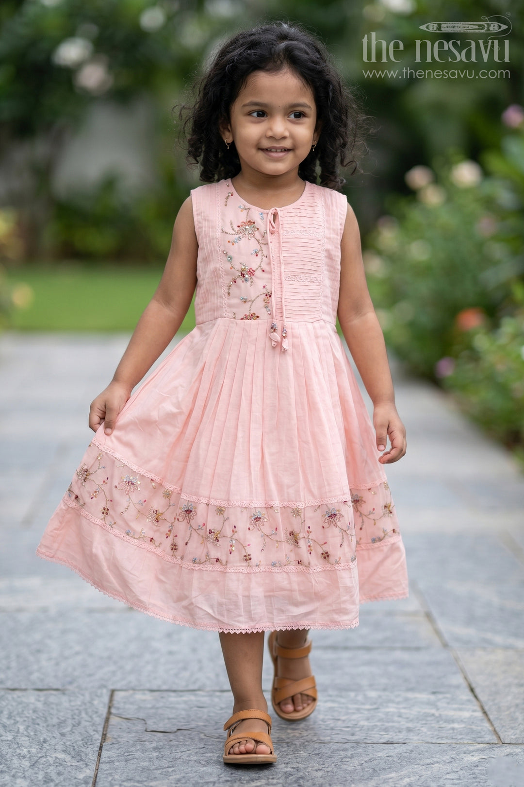 The Nesavu Girls Cotton Frock Girls Cotton Latest Designer Frock in Blush Pink with Pintucks and Thread Embroidery Yoke Nesavu 34 (10Y) / Pink GFC1715A-34 Girls Latest Designer Frock in Soft Cotton with Embroidered Yoke and Pintuck Detailing | The Nesavu
