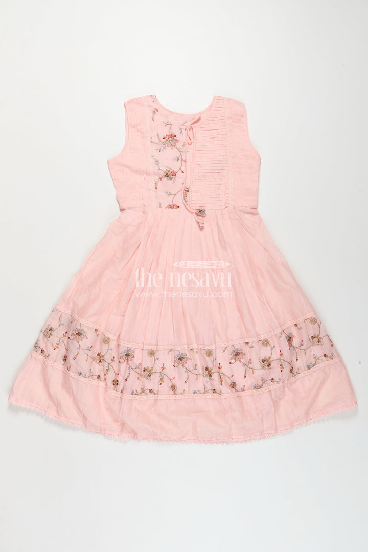 The Nesavu Girls Cotton Frock Girls Cotton Latest Designer Frock in Blush Pink with Pintucks and Thread Embroidery Yoke Nesavu Girls Latest Designer Frock in Soft Cotton with Embroidered Yoke and Pintuck Detailing | The Nesavu