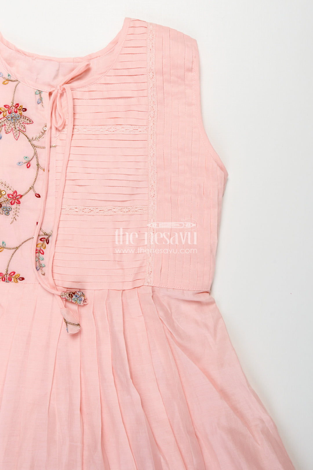 The Nesavu Girls Cotton Frock Girls Cotton Latest Designer Frock in Blush Pink with Pintucks and Thread Embroidery Yoke Nesavu Girls Latest Designer Frock in Soft Cotton with Embroidered Yoke and Pintuck Detailing | The Nesavu