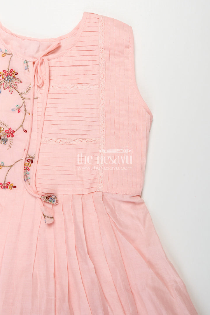 The Nesavu Girls Cotton Frock Girls Cotton Latest Designer Frock in Blush Pink with Pintucks and Thread Embroidery Yoke Nesavu Girls Latest Designer Frock in Soft Cotton with Embroidered Yoke and Pintuck Detailing | The Nesavu