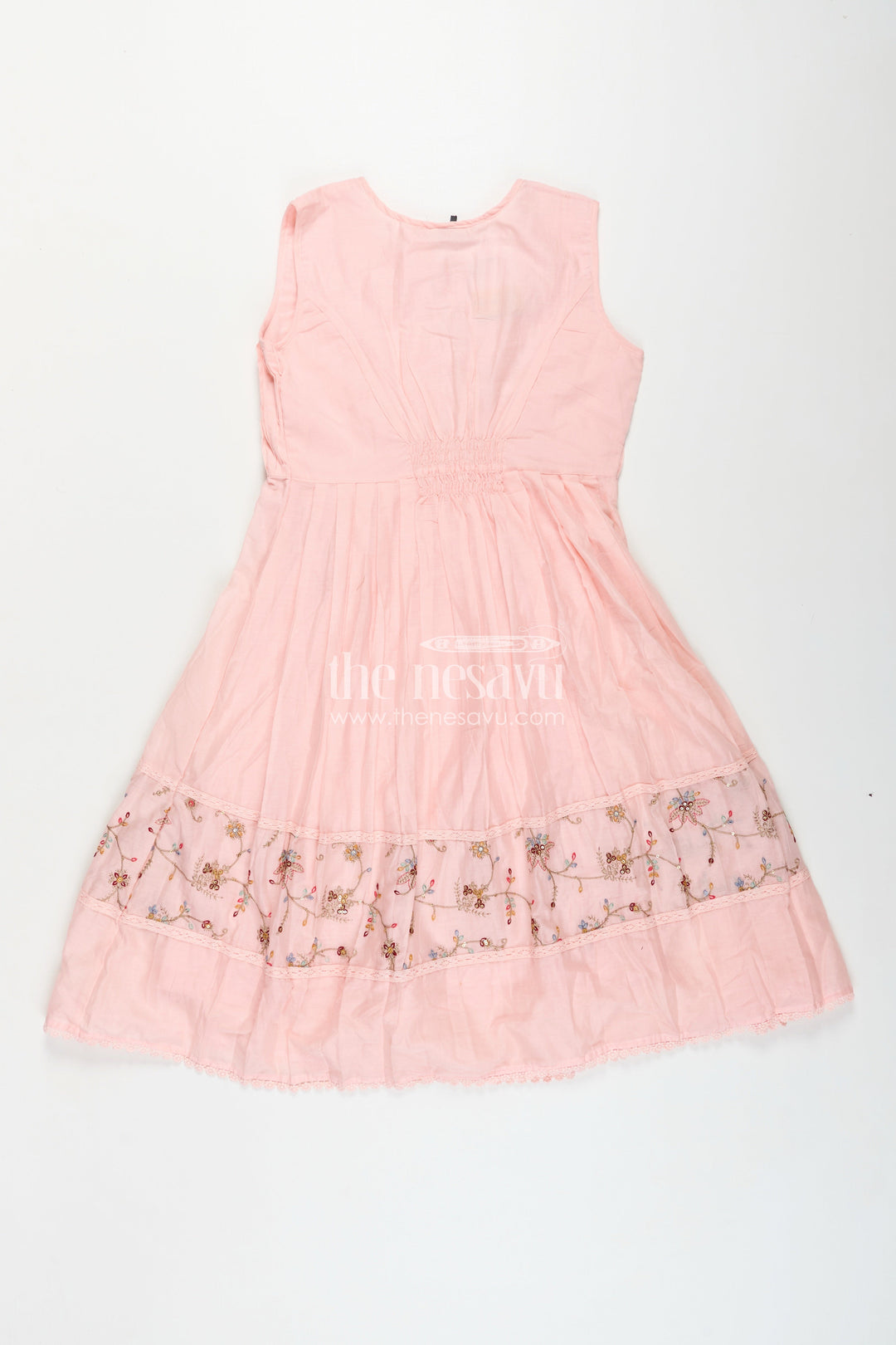 The Nesavu Girls Cotton Frock Girls Cotton Latest Designer Frock in Blush Pink with Pintucks and Thread Embroidery Yoke Nesavu Girls Latest Designer Frock in Soft Cotton with Embroidered Yoke and Pintuck Detailing | The Nesavu
