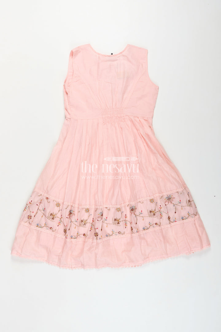 The Nesavu Girls Cotton Frock Girls Cotton Latest Designer Frock in Blush Pink with Pintucks and Thread Embroidery Yoke Nesavu Girls Latest Designer Frock in Soft Cotton with Embroidered Yoke and Pintuck Detailing | The Nesavu