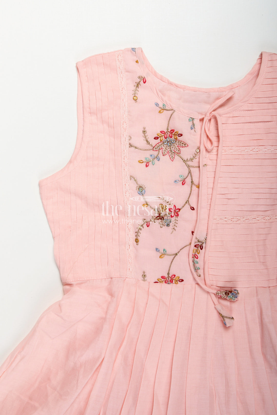 The Nesavu Girls Cotton Frock Girls Cotton Latest Designer Frock in Blush Pink with Pintucks and Thread Embroidery Yoke Nesavu Girls Latest Designer Frock in Soft Cotton with Embroidered Yoke and Pintuck Detailing | The Nesavu