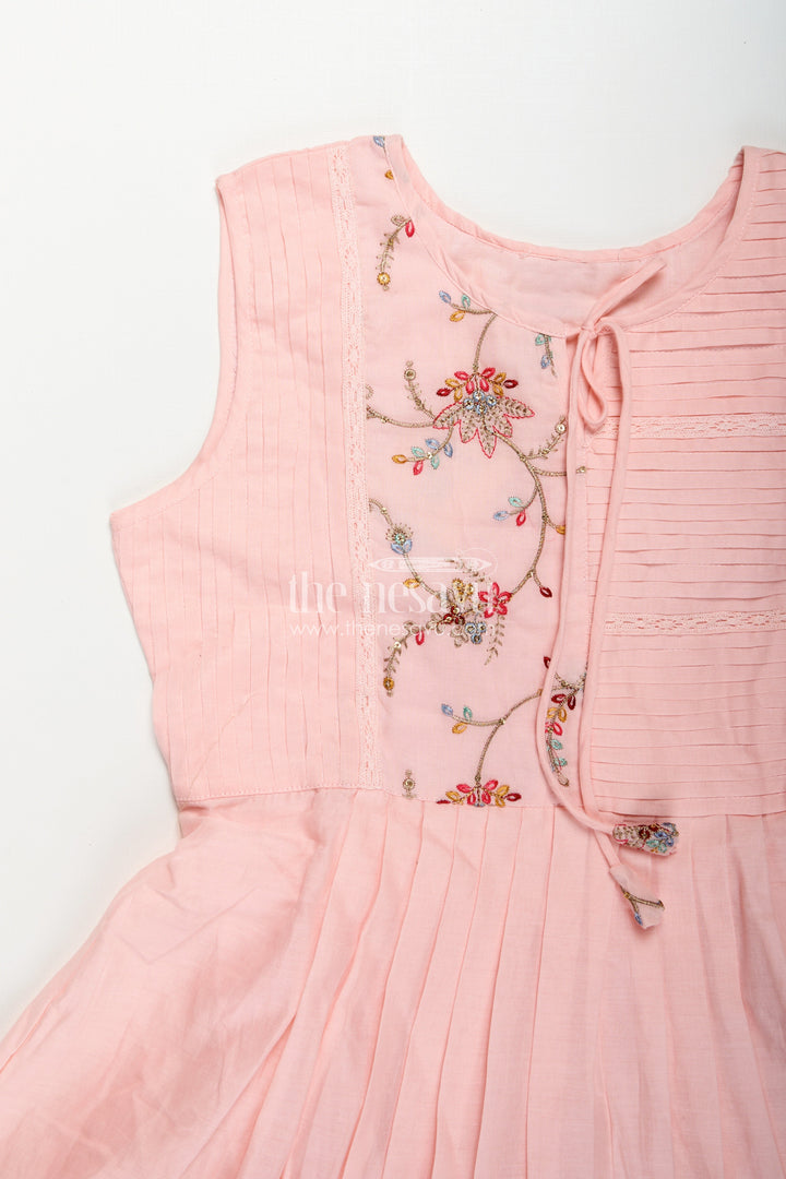 The Nesavu Girls Cotton Frock Girls Cotton Latest Designer Frock in Blush Pink with Pintucks and Thread Embroidery Yoke Nesavu Girls Latest Designer Frock in Soft Cotton with Embroidered Yoke and Pintuck Detailing | The Nesavu