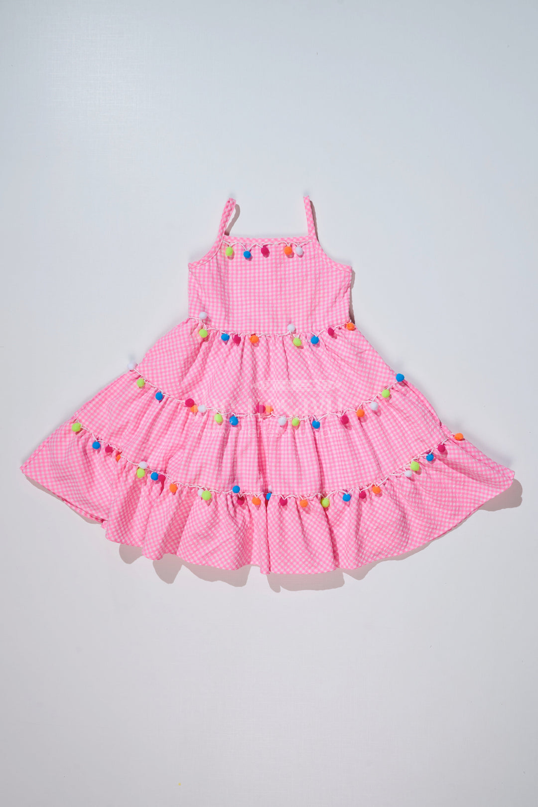 The Nesavu Girls Cotton Frock Girls Cotton Latest Frock with Pom Pom Detailing and Gingham Print for Stylish Everyday Wear Nesavu 20 (3Y) / Pink GFC1613A-20 Nesavu Girls Cotton Latest Frock Pom Pom Detailing Gingham Print Casual Wear