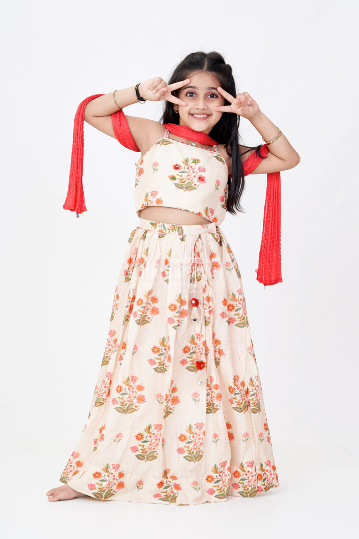 The Nesavu Girls Lehenga Choli Girls Cotton Lehenga Choli with Dupatta in Viscose Silk and Floral Mirror Embroidery Detailing Nesavu 16 (1Y) / Cream GL615A-16 Girls Cotton Lehenga Choli Dupatta Viscose Silk Mirror Work Floral Print | The Nesavu