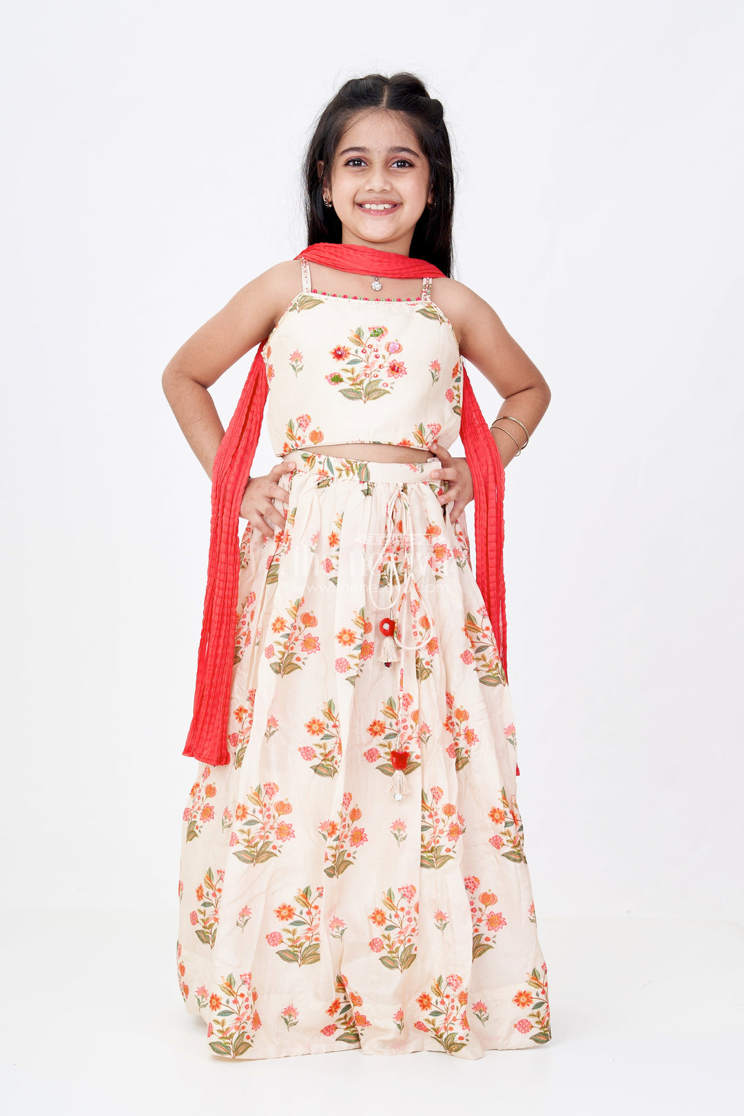 The Nesavu Girls Lehenga Choli Girls Cotton Lehenga Choli with Dupatta in Viscose Silk and Floral Mirror Embroidery Detailing Nesavu Girls Cotton Lehenga Choli Dupatta Viscose Silk Mirror Work Floral Print | The Nesavu