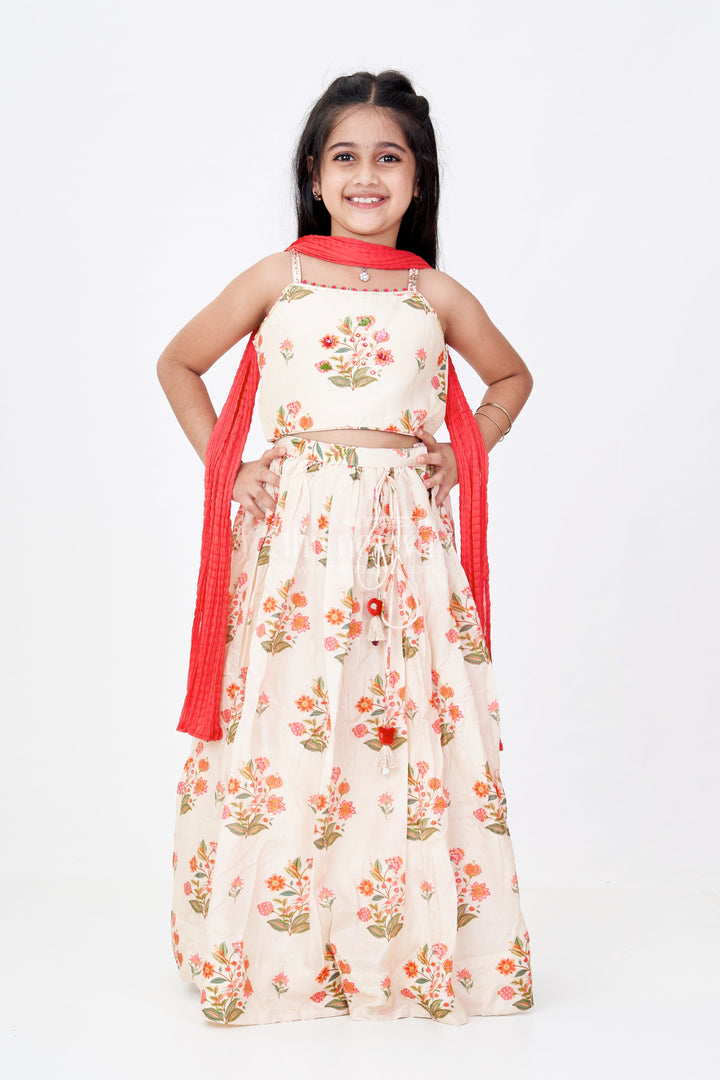 The Nesavu Girls Lehenga Choli Girls Cotton Lehenga Choli with Dupatta in Viscose Silk and Floral Mirror Embroidery Detailing Nesavu Girls Cotton Lehenga Choli Dupatta Viscose Silk Mirror Work Floral Print | The Nesavu