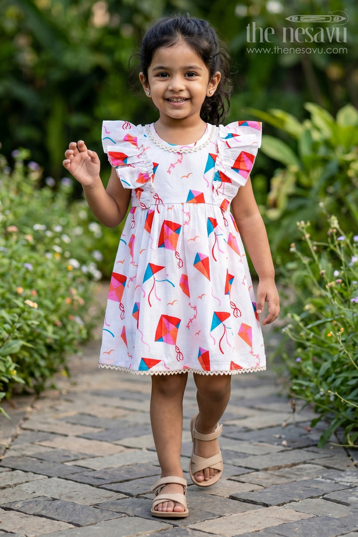 The Nesavu Girls Cotton Frock Girls Cotton Online Frock for Girls with Puff Sleeves and Kite Digital Print in Festive Colors Nesavu 16 (1Y) / White GFC1750A-16 Cotton Online Frock Girls Kite Digital Print Puff Sleeve Design Festive Style | The Nesavu