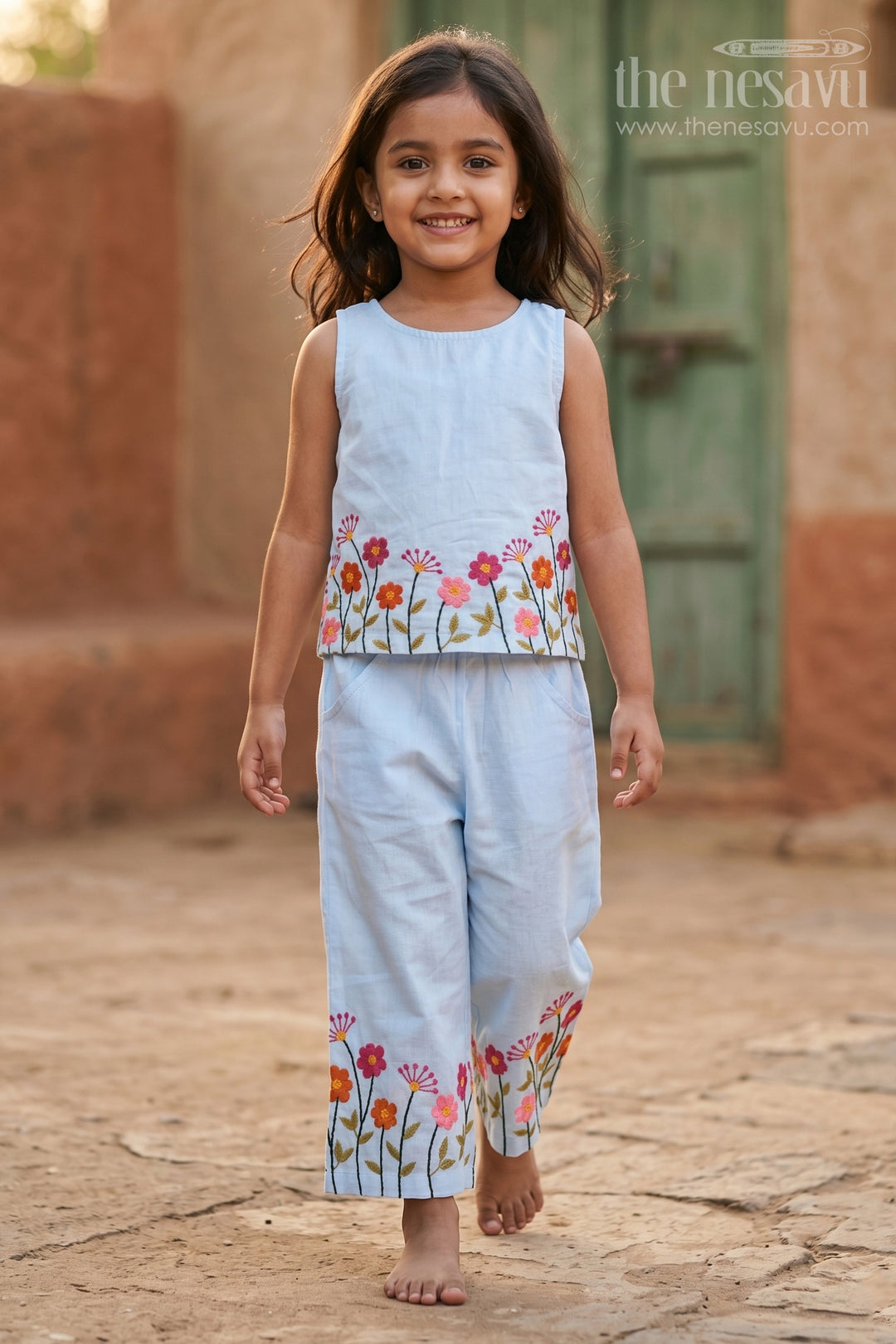 The Nesavu Girls Casual Set Girls Cotton Outfit Set for Casual Outings and Everyday Comfort Nesavu 16 (1Y) / Blue / Cotton GCS051A-16 Nesavu Girls Cotton Outfit Set For Casual Outings With Thread Embroidery Breathable Everyday Wear