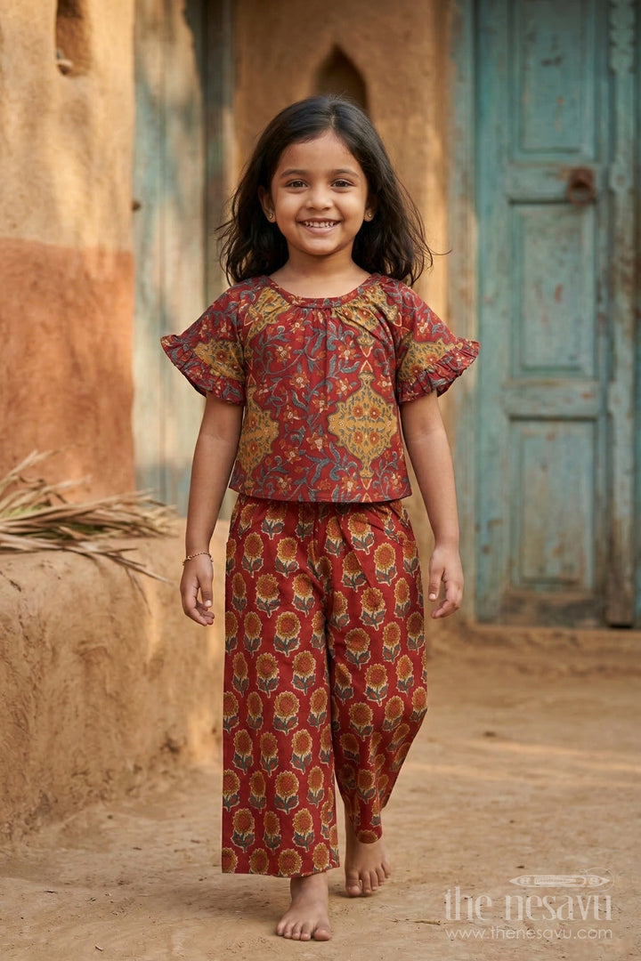 The Nesavu Girls Co-Ord Sets Girls Cotton Outfit Set for School Events and Functions Nesavu 16 (1Y) / Maroon / Cotton GCS010A-16 Nesavu Girls Cotton Co Ord Set For School Events Cultural Functions And Casual Wear