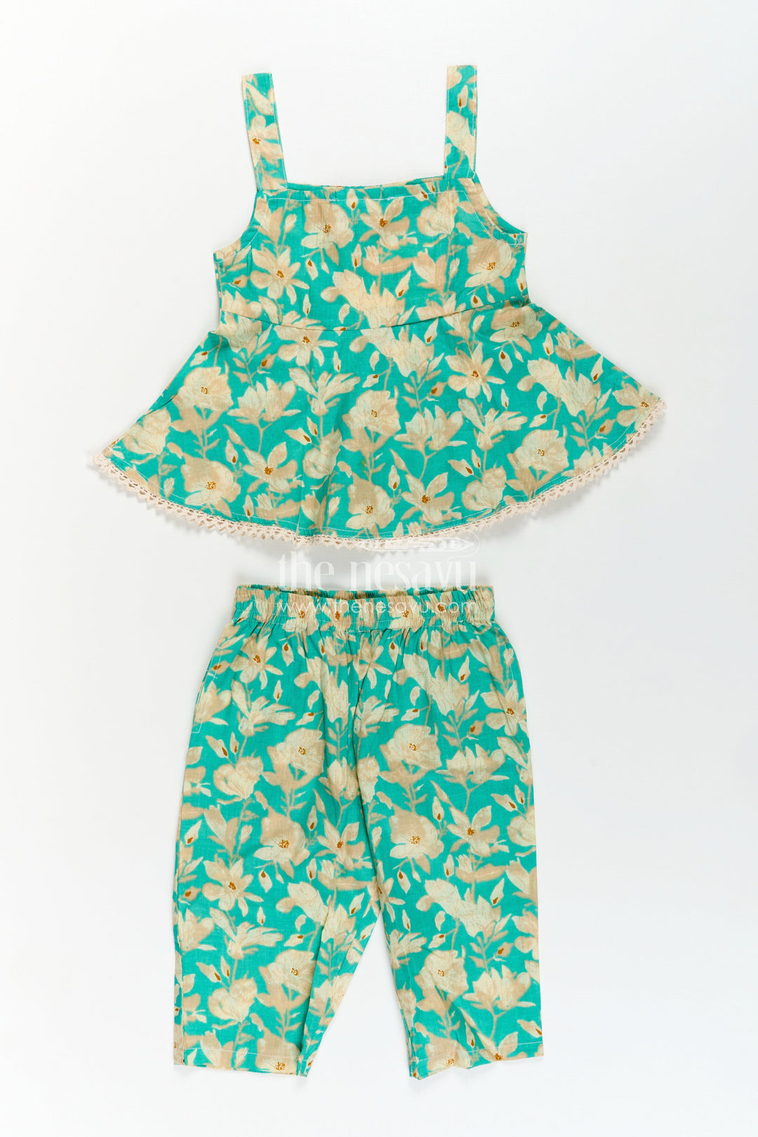 The Nesavu Girls Casual Set Girls Cotton Party Wear Dresses Online Style Set in Green Floral Print with Sleeveless Top Nesavu Party Wear Dresses Online Style Girls Set Green Floral Cotton Sleeveless Flared Top | The Nesavu