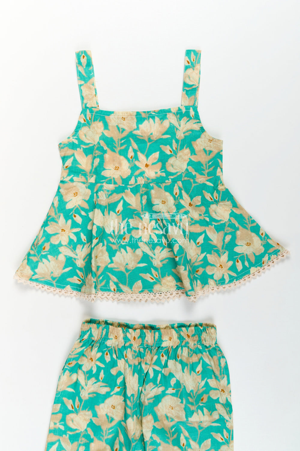 The Nesavu Girls Casual Set Girls Cotton Party Wear Dresses Online Style Set in Green Floral Print with Sleeveless Top Nesavu Party Wear Dresses Online Style Girls Set Green Floral Cotton Sleeveless Flared Top | The Nesavu