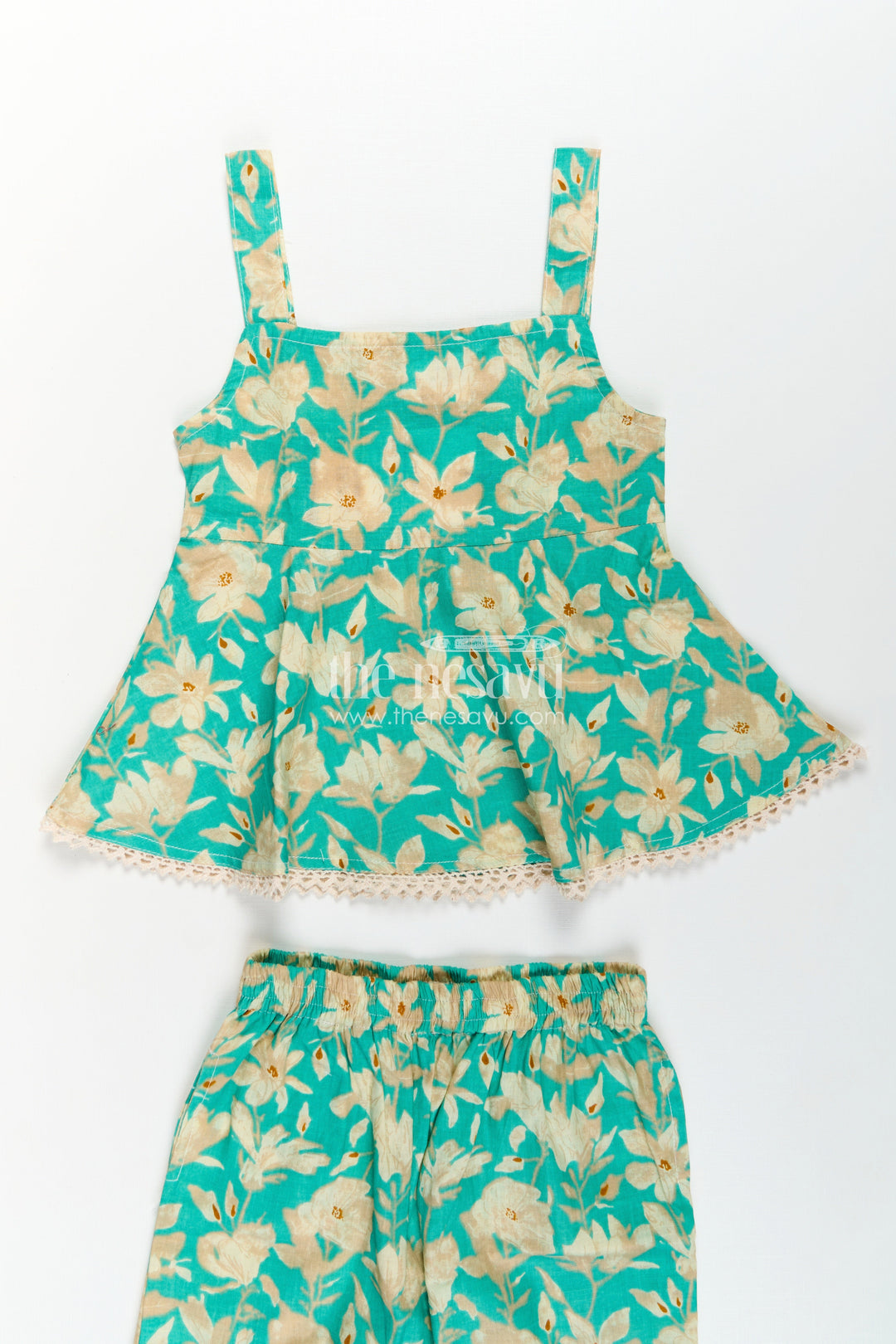The Nesavu Girls Casual Set Girls Cotton Party Wear Dresses Online Style Set in Green Floral Print with Sleeveless Top Nesavu Party Wear Dresses Online Style Girls Set Green Floral Cotton Sleeveless Flared Top | The Nesavu