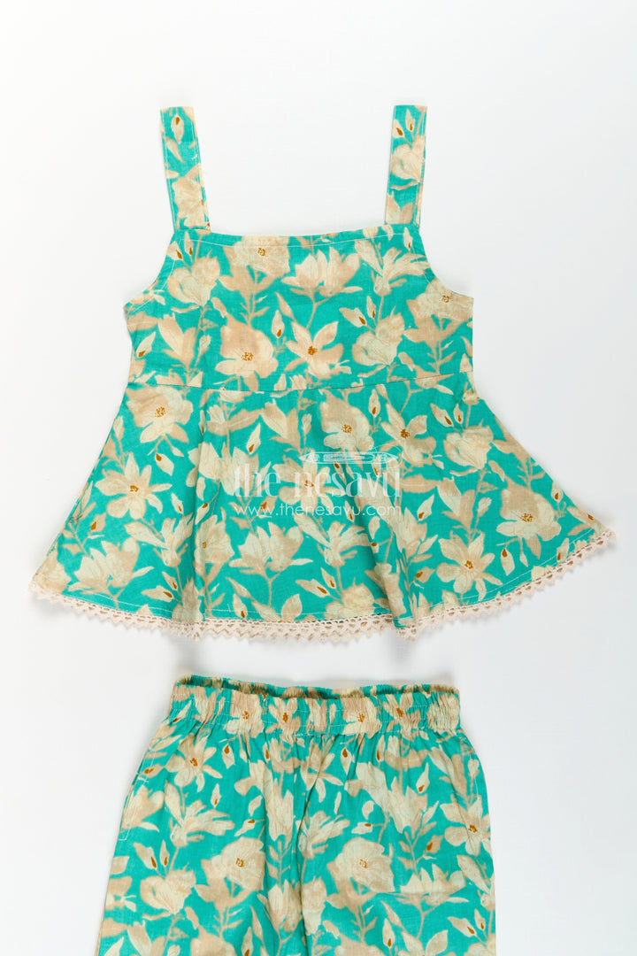 The Nesavu Girls Casual Set Girls Cotton Party Wear Dresses Online Style Set in Green Floral Print with Sleeveless Top Nesavu Party Wear Dresses Online Style Girls Set Green Floral Cotton Sleeveless Flared Top | The Nesavu