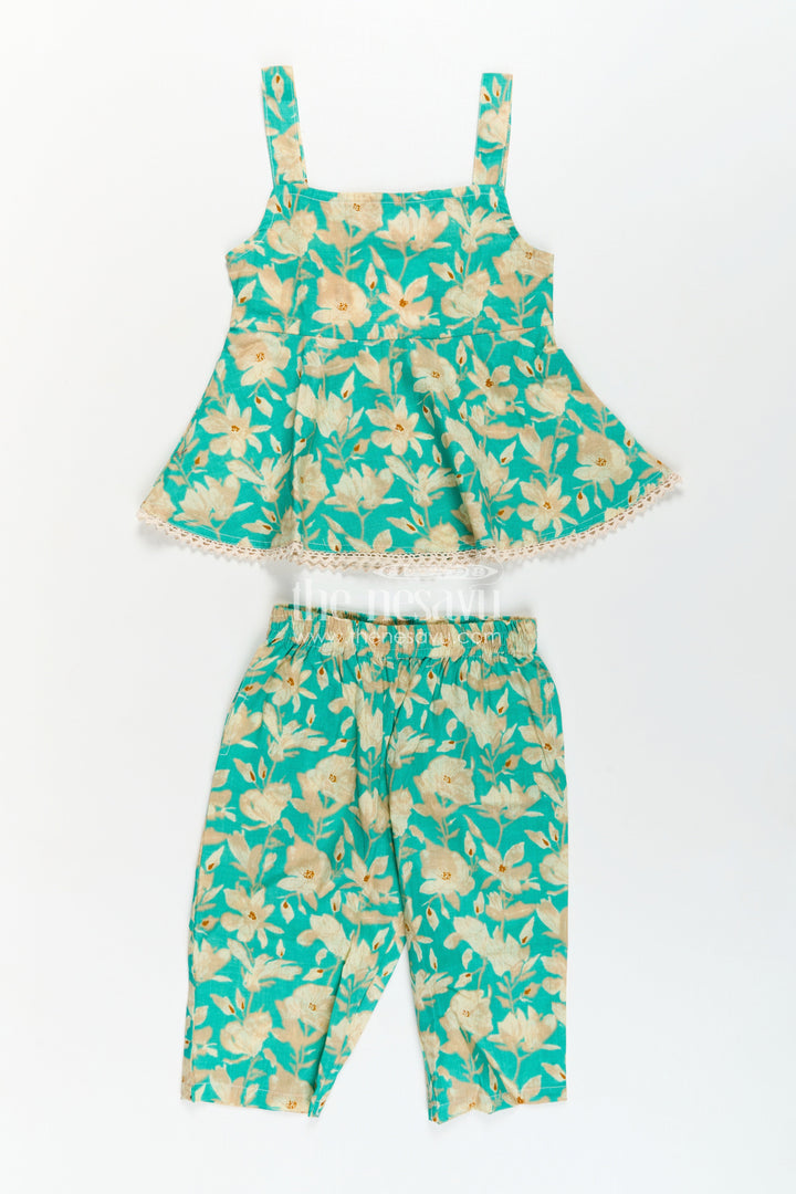 The Nesavu Girls Casual Set Girls Cotton Party Wear Dresses Online Style Set in Green Floral Print with Sleeveless Top Nesavu Party Wear Dresses Online Style Girls Set Green Floral Cotton Sleeveless Flared Top | The Nesavu