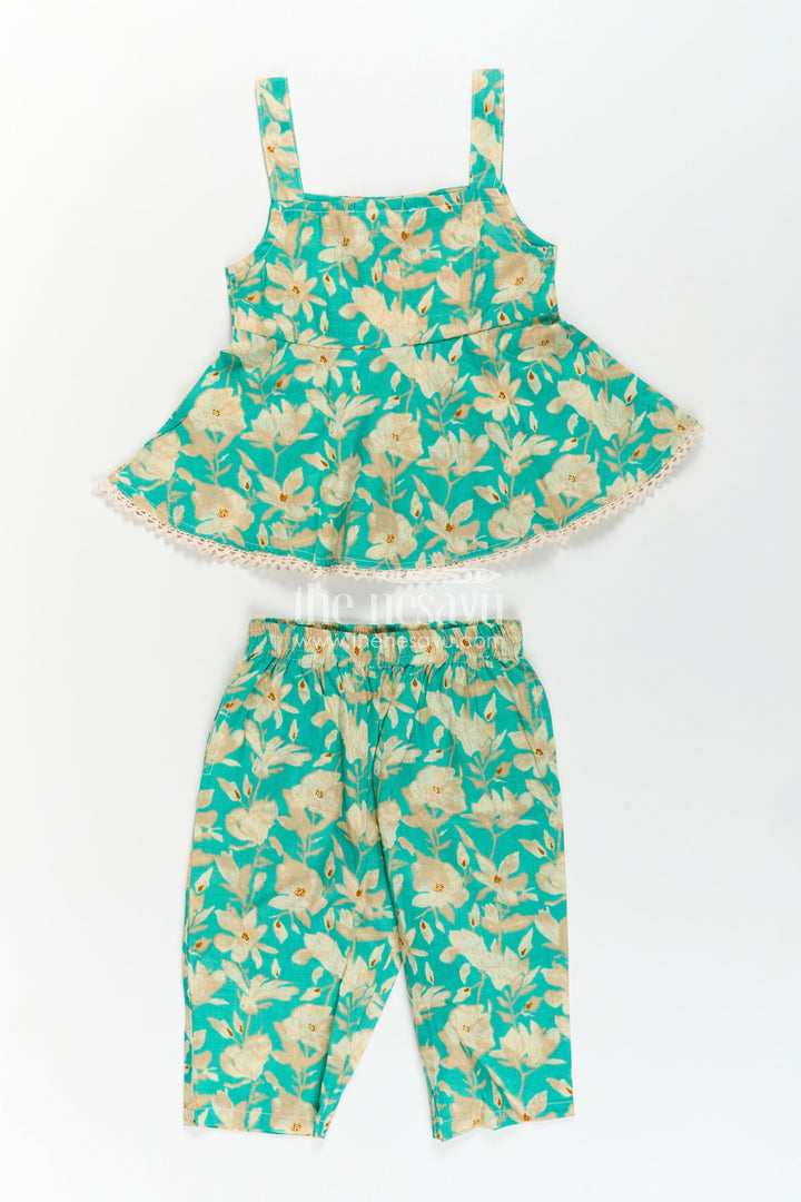 The Nesavu Girls Casual Set Girls Cotton Party Wear Dresses Online Style Set in Green Floral Print with Sleeveless Top Nesavu Party Wear Dresses Online Style Girls Set Green Floral Cotton Sleeveless Flared Top | The Nesavu