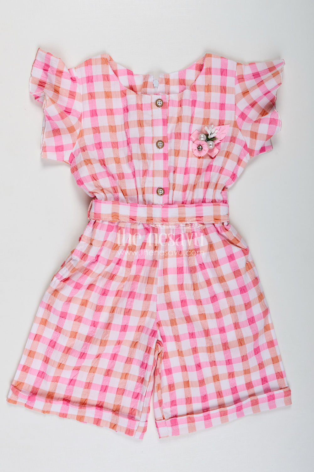 The Nesavu Girls Dungarees Girls Cotton Playsuit Everyday Comfortable Outfit Nesavu 18 (2Y) / Multicolor GFC1840A-18 Nesavu Pink Checked Cotton Girls Playsuit Everyday Comfort Flutter Sleeves Floral Accent