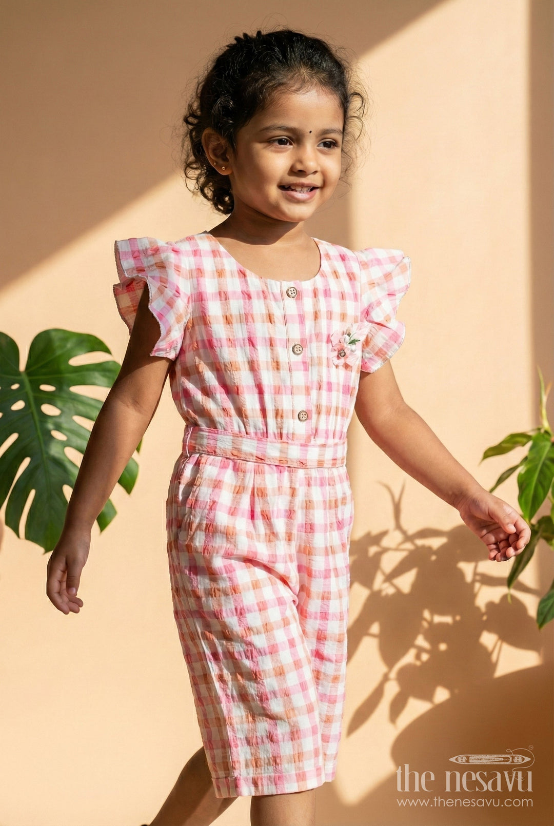 The Nesavu Girls Dungarees Girls Cotton Playsuit Everyday Comfortable Outfit Nesavu 18 (2Y) / Multicolor GFC1840A-18 Nesavu Pink Checked Cotton Girls Playsuit Everyday Comfort Flutter Sleeves Floral Accent