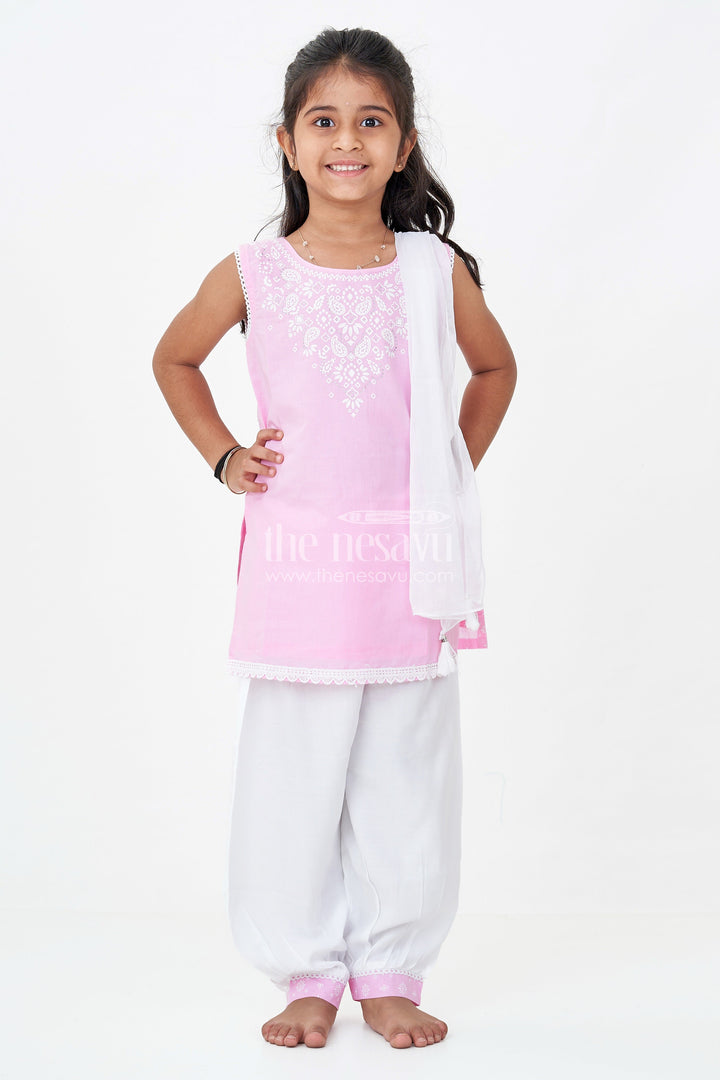 The Nesavu Girls Churidar Sets Girls Cotton Printed Pink Chudi Set with Stone Embellishment and Intricate Embroidery Accents Nesavu 16 (1Y) / Pink GPS613B-16 Girls Pink Cotton Printed Chudi Set Dhoti Pants Stone Embellished Sleeveless Top | The Nesavu