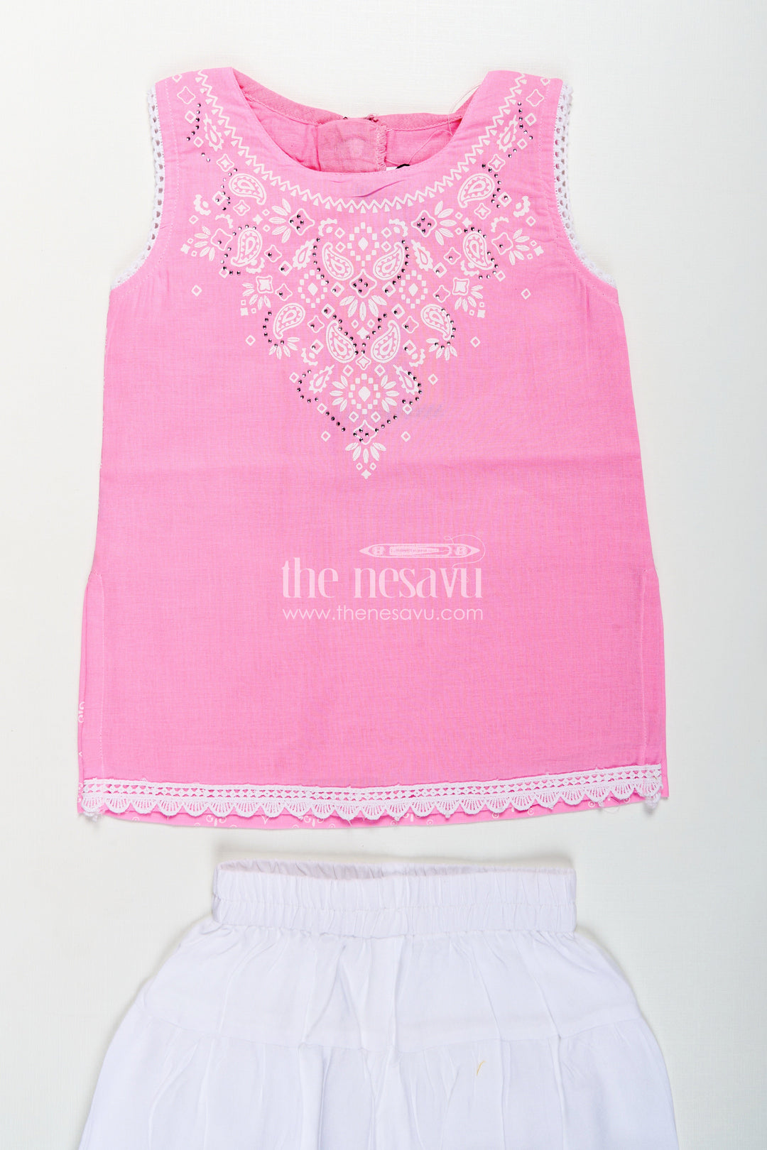 The Nesavu Girls Churidar Sets Girls Cotton Printed Pink Chudi Set with Stone Embellishment and Intricate Embroidery Accents Nesavu Girls Pink Cotton Printed Chudi Set Dhoti Pants Stone Embellished Sleeveless Top | The Nesavu